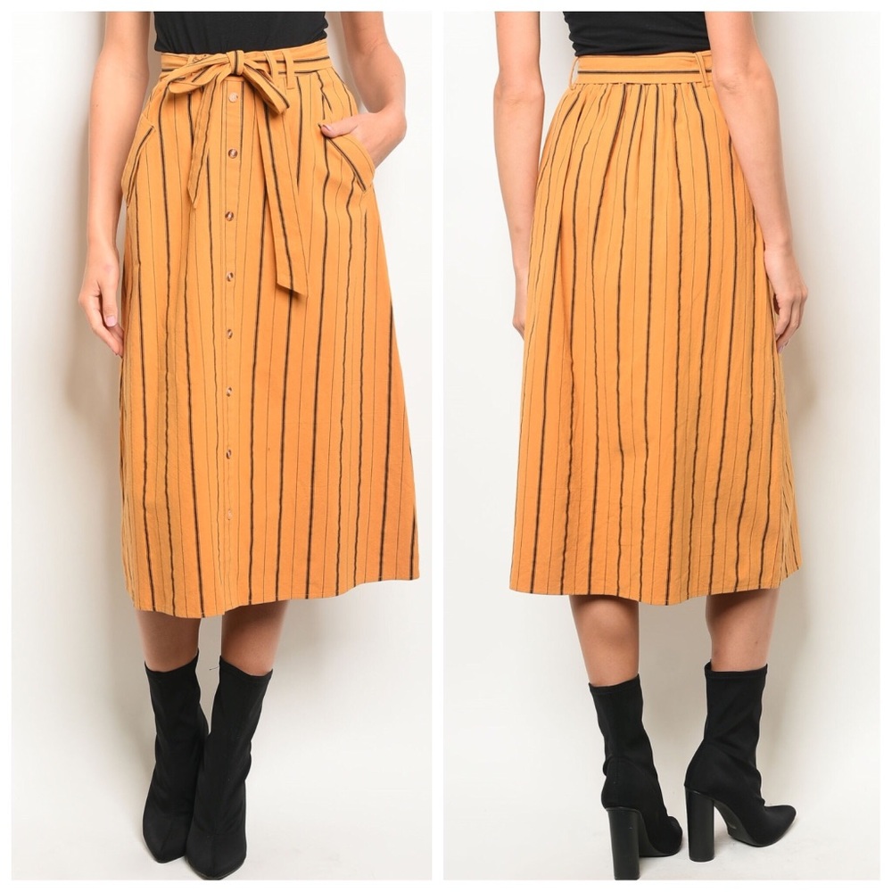 Mustard & black striped cotton midi dress - Picture 2 of 2